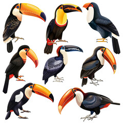 Naklejka premium Clipart illustration featuring a various of toucan on white background. Suitable for crafting and digital design projects.[A-0002]