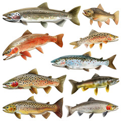 Clipart illustration featuring a various of trout on white background. Suitable for crafting and digital design projects.[A-0001]