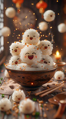 Sweet rice ball faces on a wooden table, a delightful dessert