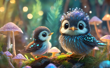 Sweet mother bird and her chick in magical fantasy forest. Mother's day illustration 