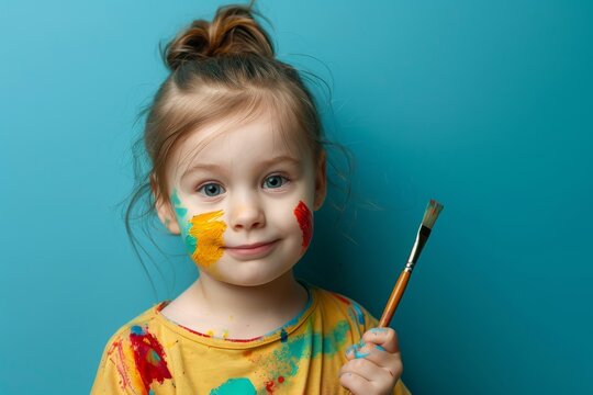 Girl with paint on face holding a paintbrush.