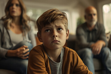 Pensive Boy with Furrowed Brow, Family in Soft Focus Background, Capturing Childhood Concern