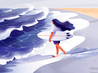 An illustration of a woman carrying a surfboard on a beach with waves in the background.