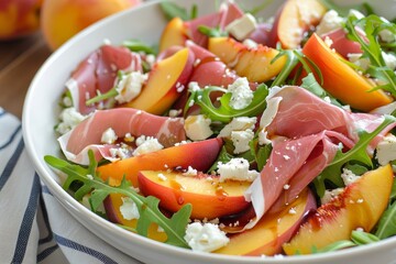 Salad with peaches arugula prosciutto and goat cheese dressed in balsamic vinegar