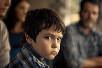 Pensive Boy with Furrowed Brow, Family in Soft Focus Background, Capturing Childhood Concern