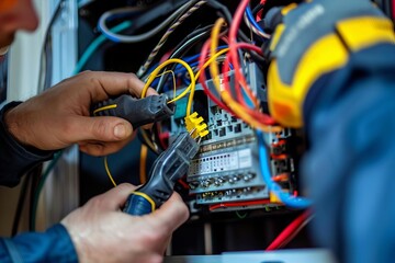 electrician repairing home electrical system renovation and maintenance work focused professional photo - obrazy, fototapety, plakaty