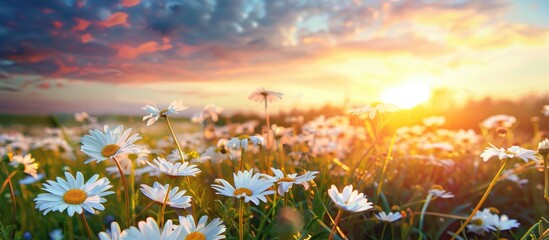 Field of white daisies in spring, set against a natural panorama under a sky tinged with the colors of sunset.