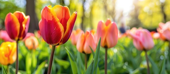 Vibrant tulips blooming in the park, part of a picturesque spring scene.