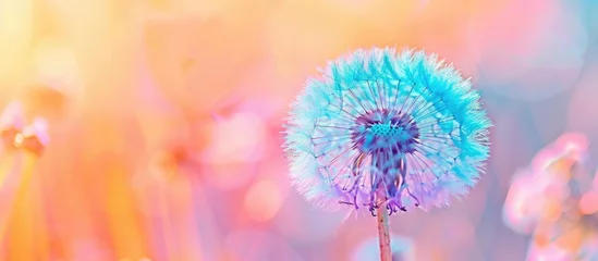 Fotobehang Vibrant abstract dandelion flower against a colorful pastel backdrop, captured in extreme closeup with a gentle blur, showcasing intricate natural elements and a minimal depth of field. © Vusal