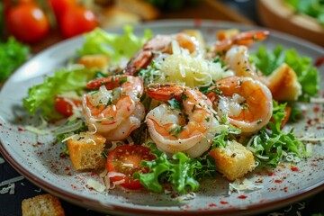 Shrimp Caesar salad with croutons tomato and cheese - obrazy, fototapety, plakaty