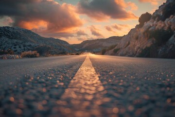 empty old paved road in mountain landscape at sunset low angle view travel and adventure concept - obrazy, fototapety, plakaty