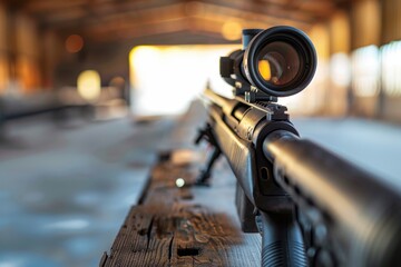 Silenced sniper rifle with scope at range - obrazy, fototapety, plakaty
