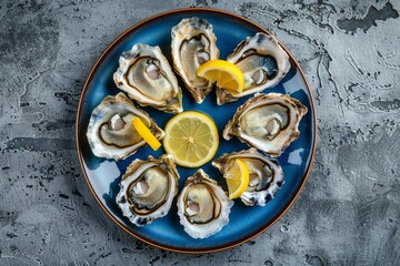 Six fresh oysters with lemon on blue plate on stone background top view