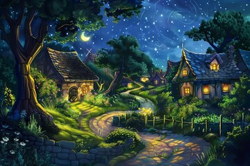 enchanting nighttime village scene with winding road and lush trees