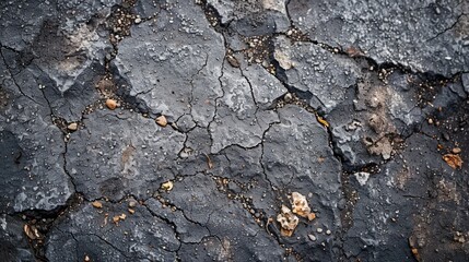 Texture of grimy gray asphalt under daylight close up of rough asphalt surface Aged concrete covered with soil and sand
