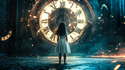 Surreal moment of a woman standing in front of clock. Watching destiny with the time passing. Generative Ai.