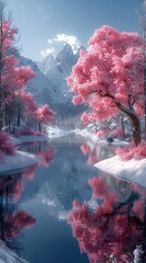 Blossoming beauty: enchanting cherry trees in full bloom, painting the landscape with vibrant hues of pink and white, creating a stunning display of natural elegance and springtime charm
