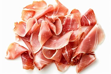 Top view of isolated prosciutto or parma ham on white background