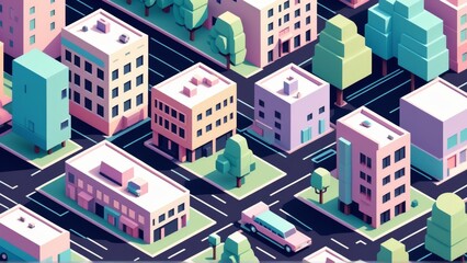 Vector isometric illustration of a city street with buildings and cars.
