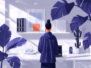 Illustration of a person standing by a desk with a laptop in a cozy, well-decorated room with large leafy plants.