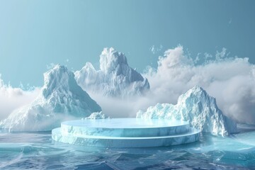 Ice platform for product showcasing against mountain backdrop