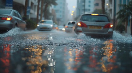 City Traffic Navigates Flooded Streets Under Heavy Rain.