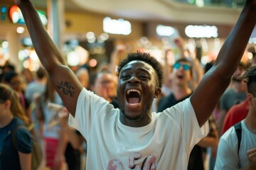 excited man celebrating black friday deals in crowded shopping mall lifestyle photography - obrazy, fototapety, plakaty