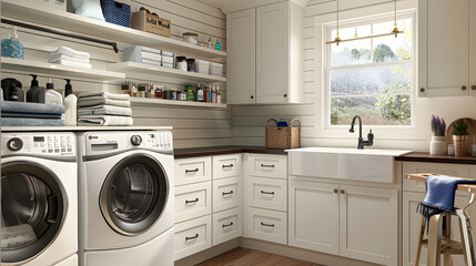 Golden Glow: Bright and Airy Laundry Room Illuminated by Sunlight