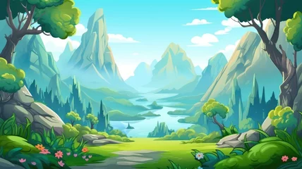 Türaufkleber Enchanting Natural Landscape, Vibrant Cartoon Illustration © chesleatsz
