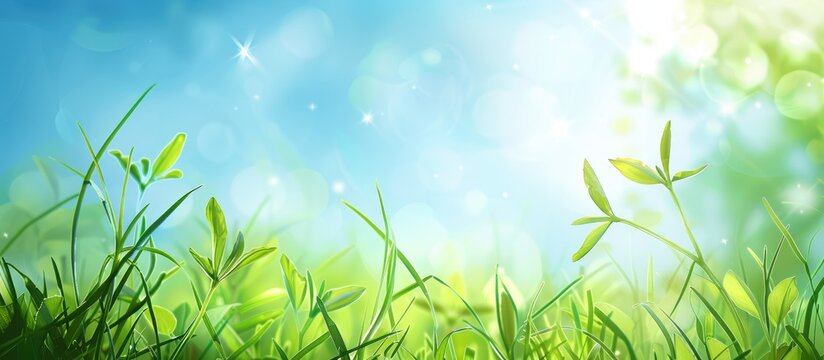 Abstract nature background featuring grass in a meadow with a blue sky during spring or summer.