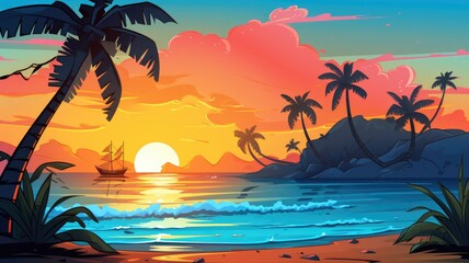 Fototapeta na wymiar Serene Tropical Island Sunset, Ocean View Illustration