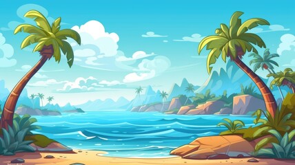 Obraz premium Colorful Tropical Beach Scenery, Cartoon Style Illustration