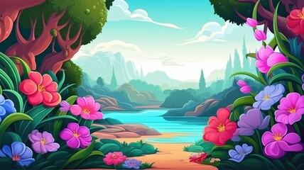 Fototapeta na wymiar Enchanted Floral Paradise, Vibrant Cartoon Nature Scene