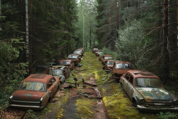 Abandoned cars in a Swedish forest