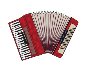 Drawing of red accordion. It is an aerophone musical instrument used in Brazil's June festivals.Isolated on transparent background. - obrazy, fototapety, plakaty