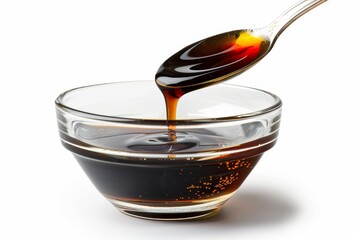 Adding oyster sauce from spoon to bowl on white background