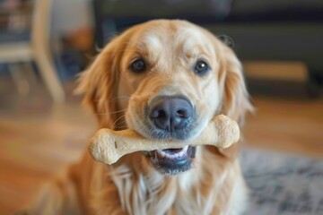 Adorable Golden Retriever indoors with bone in mouth