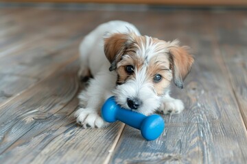 Adorable Jack Russell puppy playing with blue bone on hardwood floor Close up with copy space in background