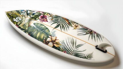 Vibrant Tropical Surfboard Design with Lush Foliage and Floral Accents