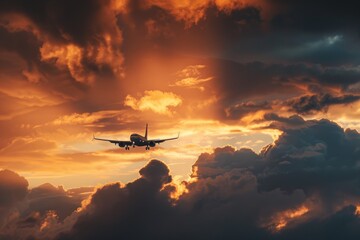 Airplane flying in cloudy sunset sky in summer