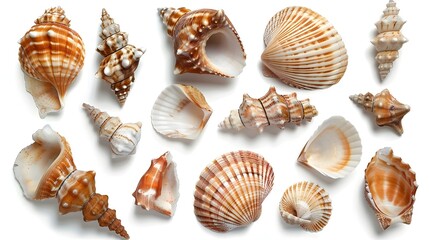 Obraz premium Diverse Arrangement of Natural Seashells in Various Sizes and Shapes on White Background