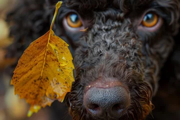 Foto op Canvas An Irish water spaniel clown with a leaf on her nose © The Big L