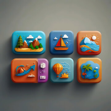 Pegatinas cuadradas y rectangulares iconos web 3d vacaciones en montaña playa globo aerostático barco sol