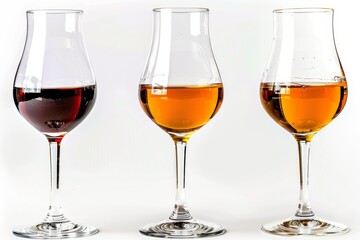 Andalusian fortified wine various dry and sweet sherries in glasses close up on white background