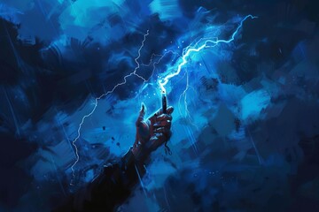 hand holding lightning bolt with stormy background and blue glow digital painting - obrazy, fototapety, plakaty