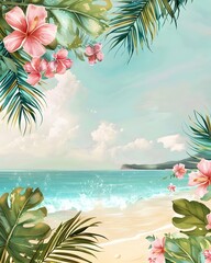 Fototapeta na wymiar Tropical Beach Landscape with Vibrant Floral Accents and Serene Ocean Scenery