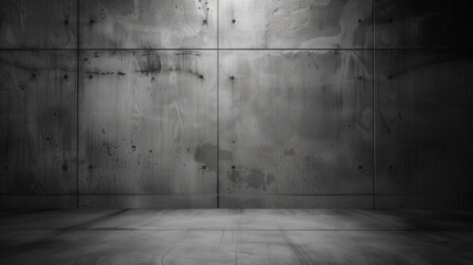 A black and white photo of a room with a wall of metal panels. The room is empty and the walls are covered in a textured, industrial look. Scene is one of emptiness and industrialism - obrazy, fototapety, plakaty