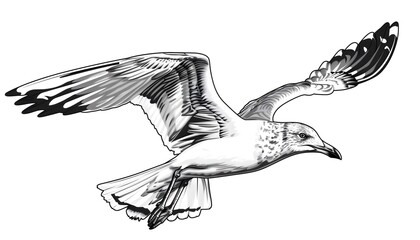 Obraz premium Monochromatic Seagull Soaring in the Sky with Outstretched Wings