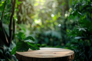 Wood tabletop podium floor in outdoors blur green leaf tropical forest nature landscape background.cosmetic natural product mock up placement pedestal stand display,jungle summer - generative ai