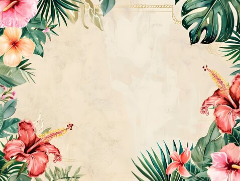 Vibrant Tropical Beach Party Invitation with Lush Floral Border and Vintage Background